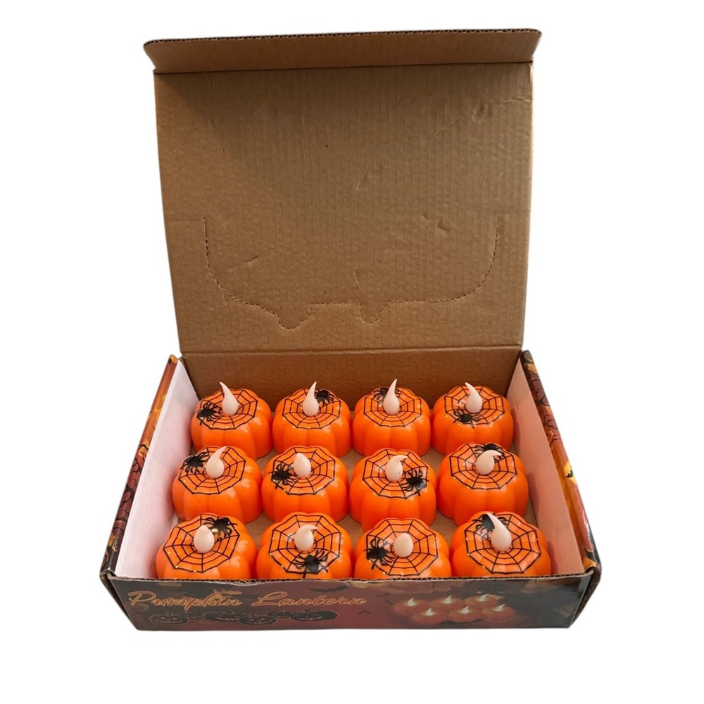 12 Pack Halloween LED Pumpkin Tea Lights Spider Web Flameless Candles Orange